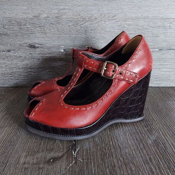 Red Linea Paolo Wedge Peep Toe Mary Janes Size 8 - Picture 1 of 7